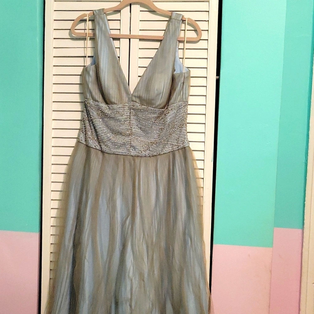 Cocktail dress, blue with taupe tulle overlay, back zipper, beaded waistline